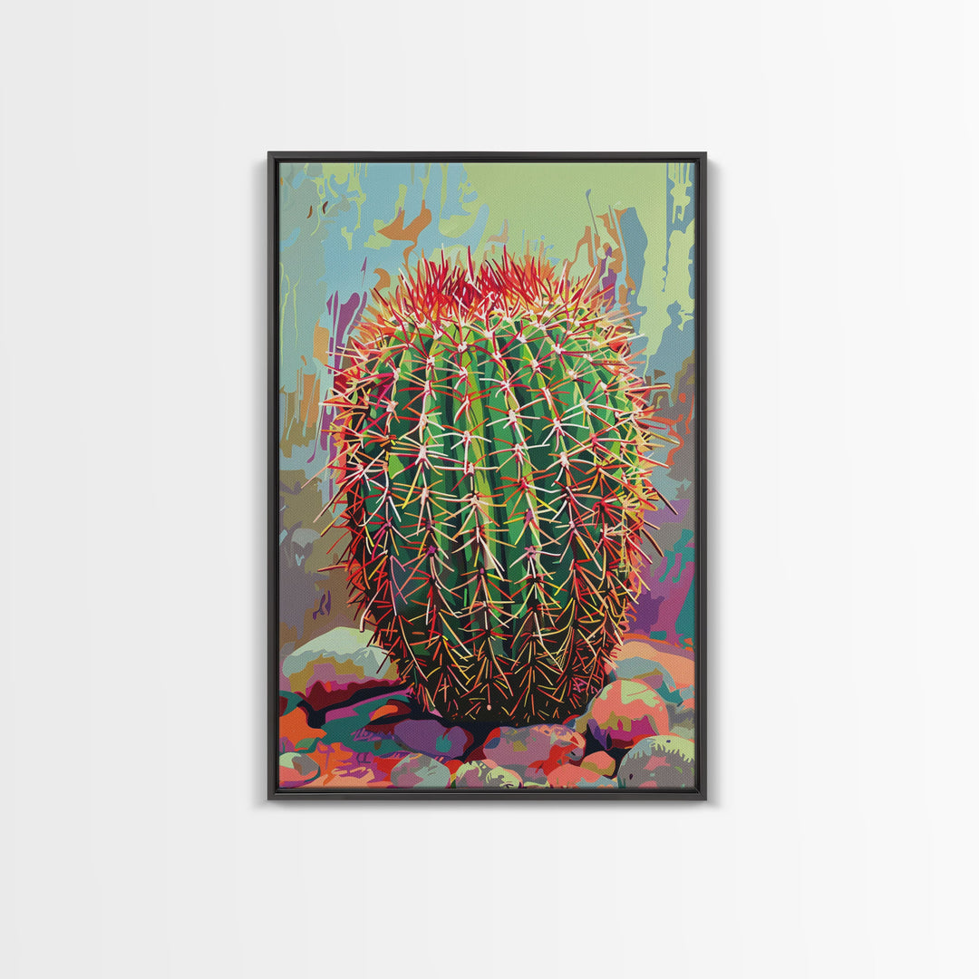 Bold Barrel Cactus Art with Red Spines - Framed Canvas Print, Vibrant Desert Decor, Living Room Art, Cactus Wall Art for Home