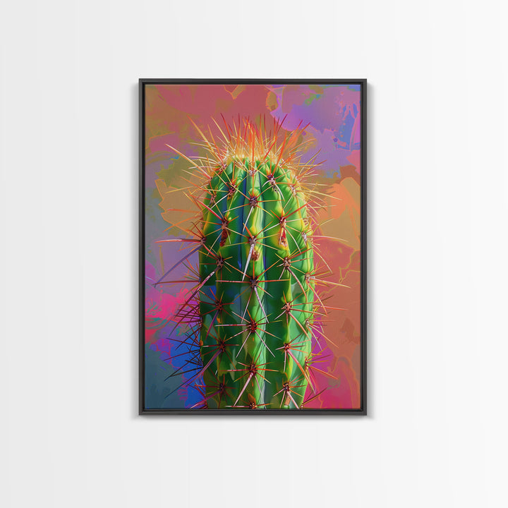 Green Cactus with Orange Spines on Colorful Background - Framed Canvas Print, Bright Desert Decor, Bedroom Art, Cactus Wall Art