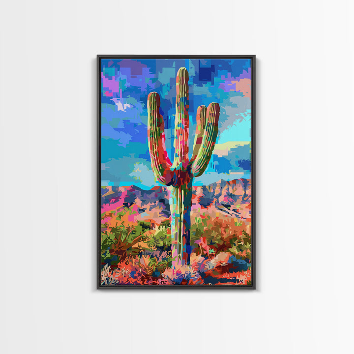 Majestic Saguaro Cactus in Colorful Desert Landscape - Framed Canvas Print, Vibrant Southwest Decor, Living Room Art, Cactus Wall Art