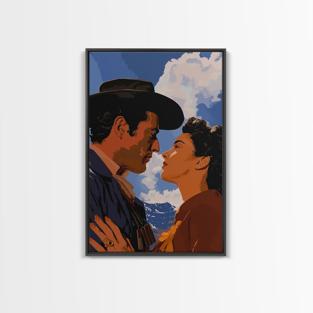 Romantic Cowboy Couple in Western Landscape - Framed Canvas Print, Vintage Western Decor, Bedroom Art, Romantic Wall Art for Home