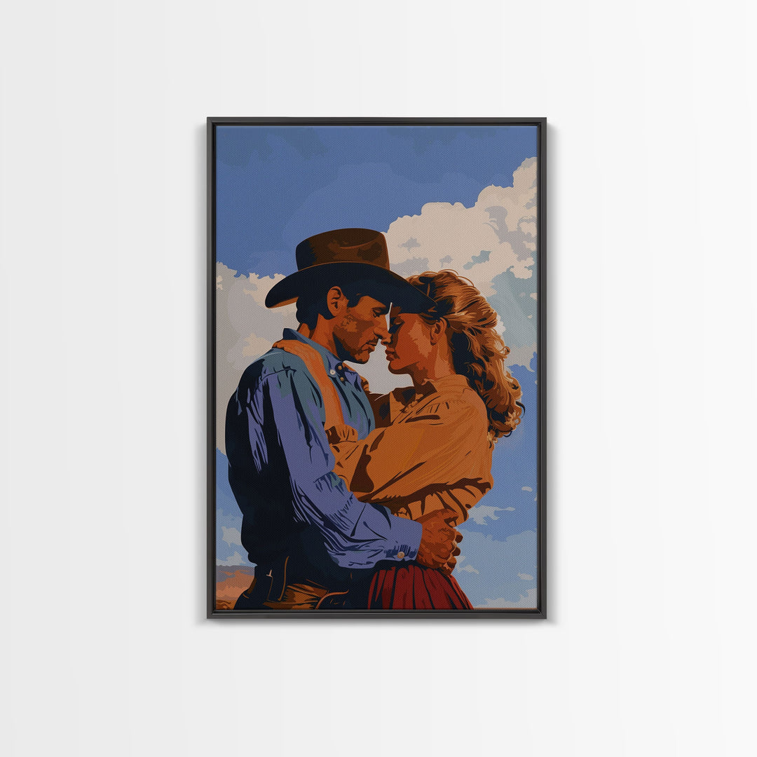 Classic Western Love Scene Under Blue Sky - Framed Canvas Print, Rustic Cowboy Decor, Living Room Art, Romantic Wall Art for Home