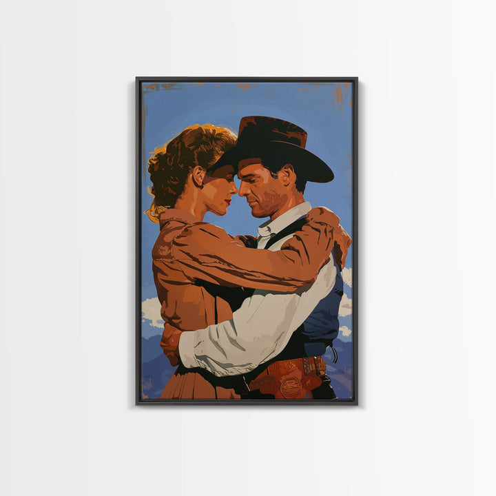 Intimate Western Couple Embracing - Framed Canvas Print, Vintage Western Decor, Bedroom Art, Romantic Wall Art for Home