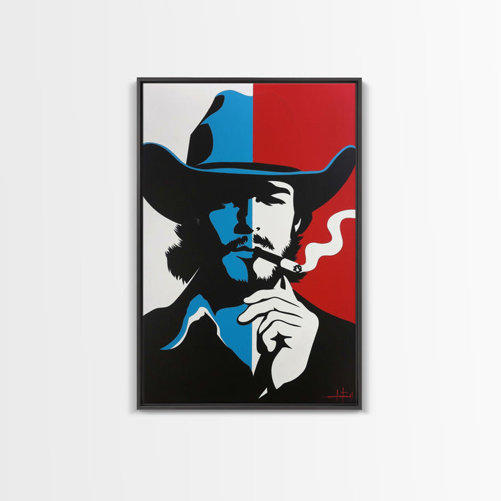 Iconic Cowboy Silhouette with Cigarette - Framed Canvas Print, Bold Western Decor, Living Room Art, Cowboy Wall Art for Home