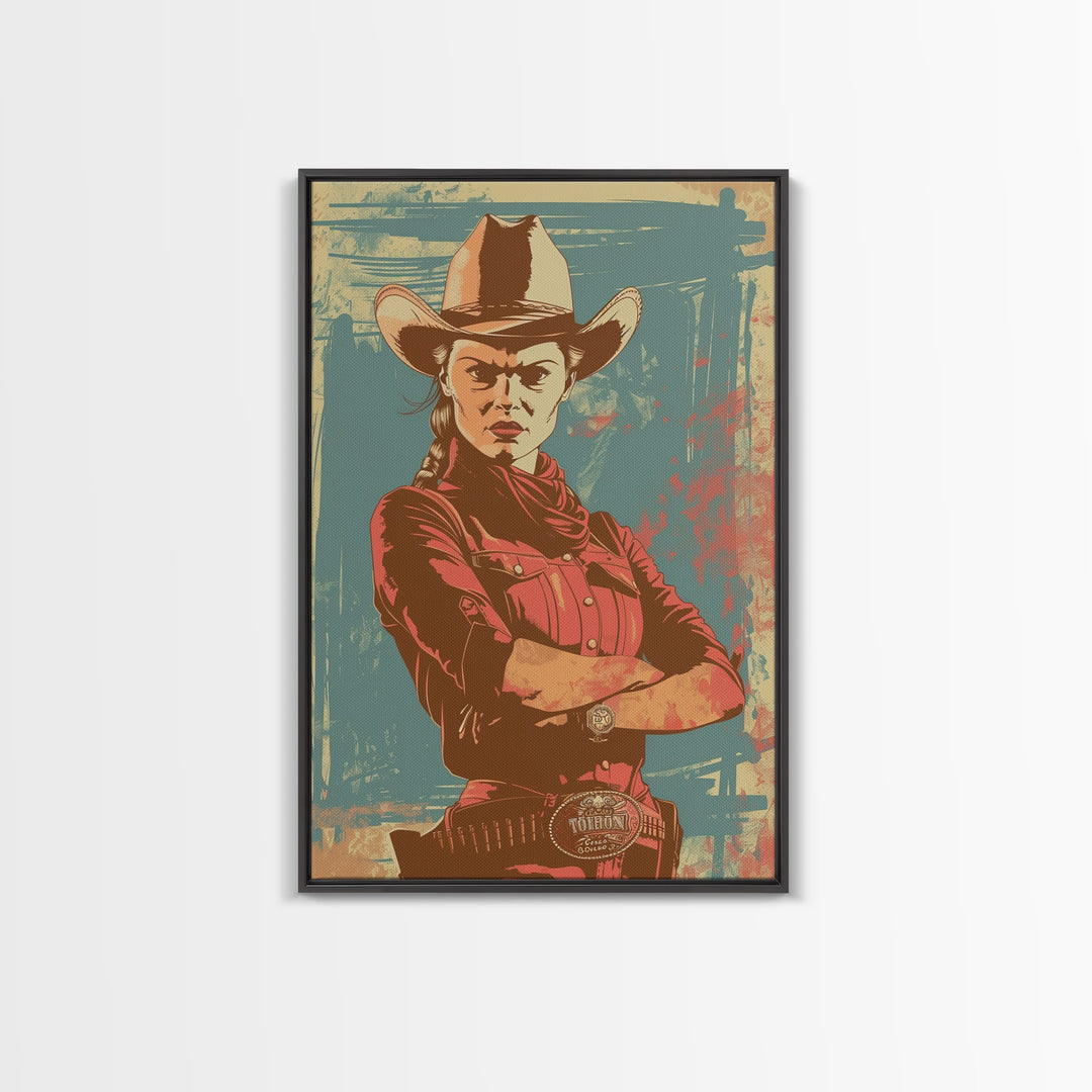 Fierce Cowgirl in Red Framed Canvas Print - Rustic Western Decor, Vintage Wall Art for Living Room, Bedroom Artwork