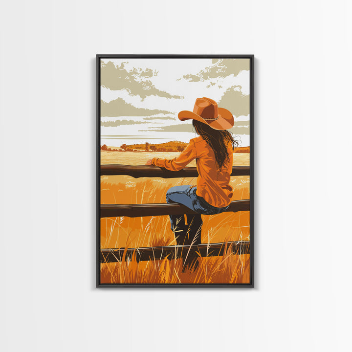 Contemplative Cowgirl on Fence Framed Canvas Print - Serene Western Decor, Country Wall Art for Living Room, Bedroom Artwork