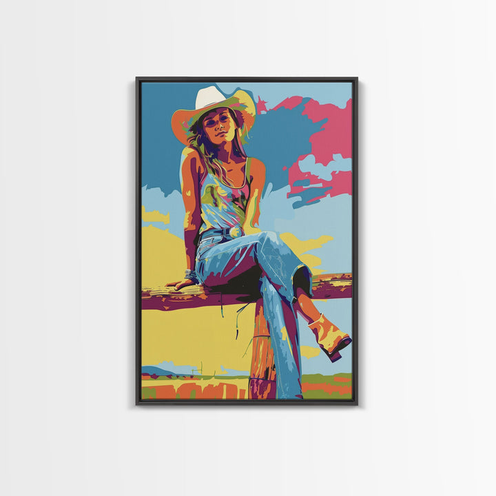 Colorful Cowgirl Portrait Framed Canvas Print - Bright Western Decor, Pop Art Wall Art for Living Room, Bedroom