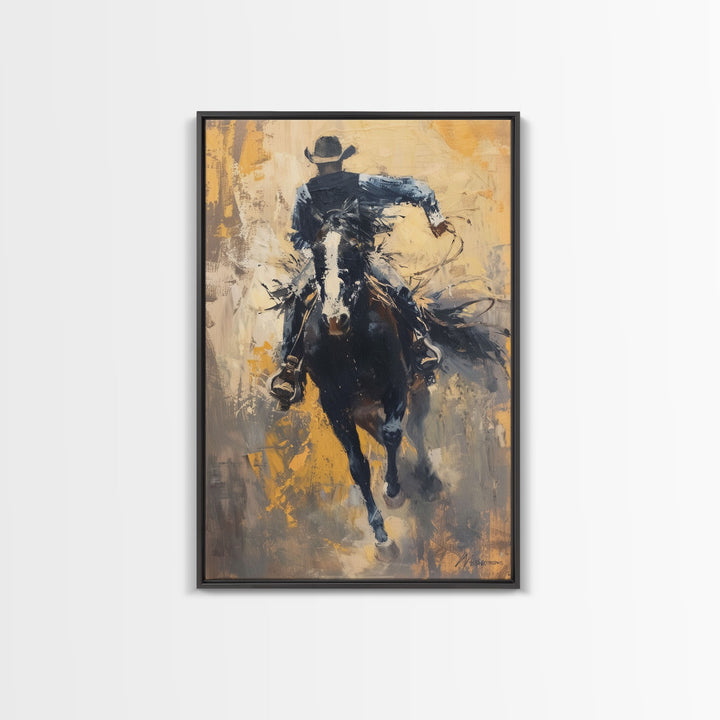 Intense Cowboy Riding Fast Framed Canvas Print - High-Energy Western Decor, Exciting Wall Art for Living Room, Bedroom