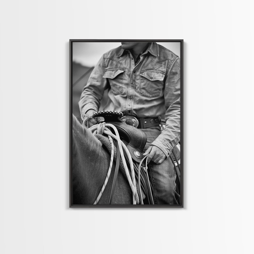 Close-up of cowboy hands holding reins, detailed Western art, black and white photography, Framed Canvas Print, rustic home decor, wall art