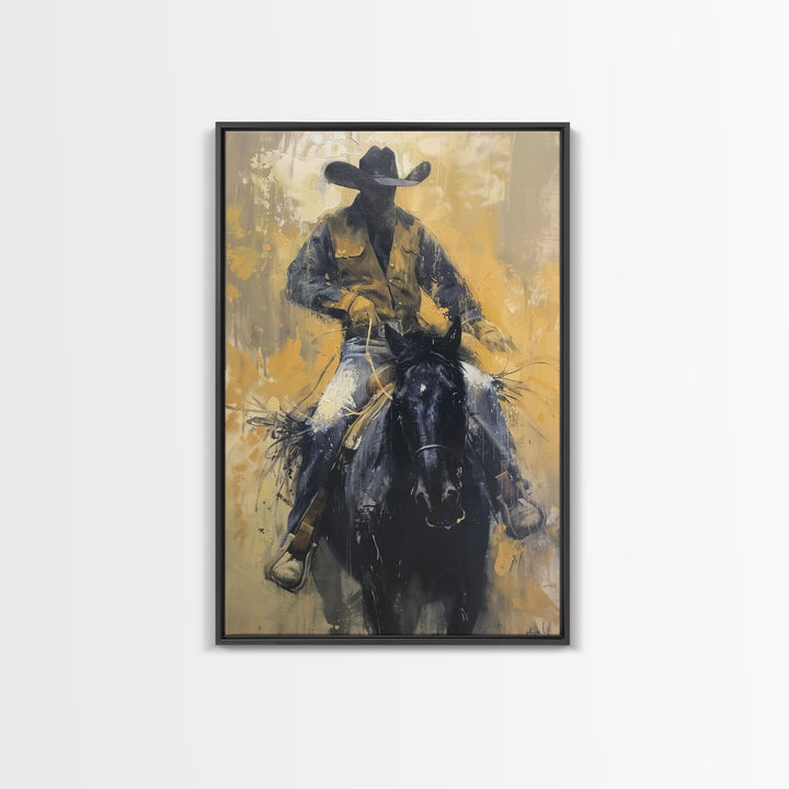 Cowboy in Full Gear Riding Horse - Framed Canvas Print, Western Wall Art, Rustic Decor, Living Room and Bedroom Art Print