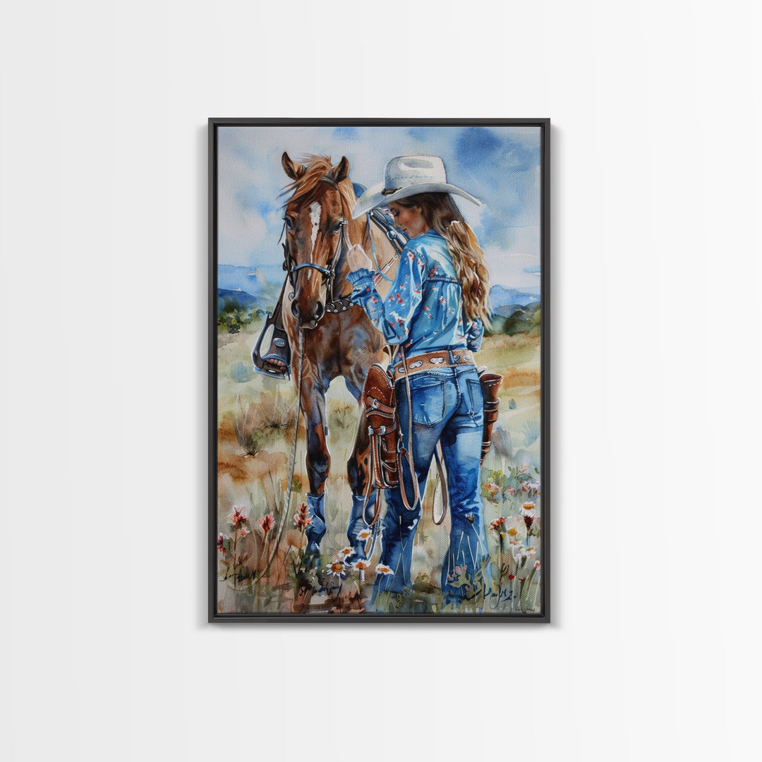 Cowboy on Rearing Horse Silhouette - Framed Canvas Print, Western Wall Art, Rustic Decor, Living Room and Bedroom Art Print