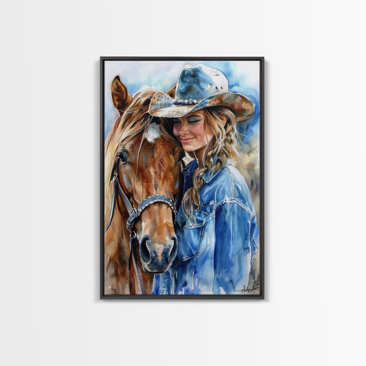 Cowgirl with Horse in Denim Outfit - Framed Canvas Print, Western Wall Art, Rustic Decor, Living Room and Bedroom Art Print