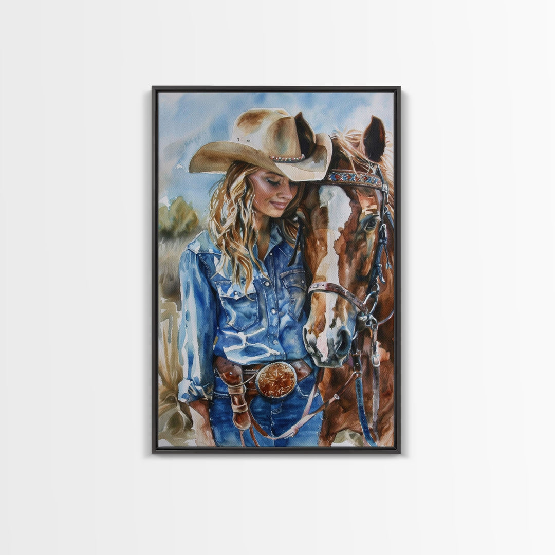 Cowgirl Preparing Horse for Ride - Framed Canvas Print, Western Wall Art, Rustic Decor, Living Room and Bedroom Art Print