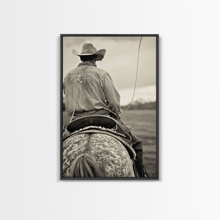 Cowboy on horseback with lasso, vintage black and white Western art, Framed Canvas Print, home decor, rustic wall art for living room