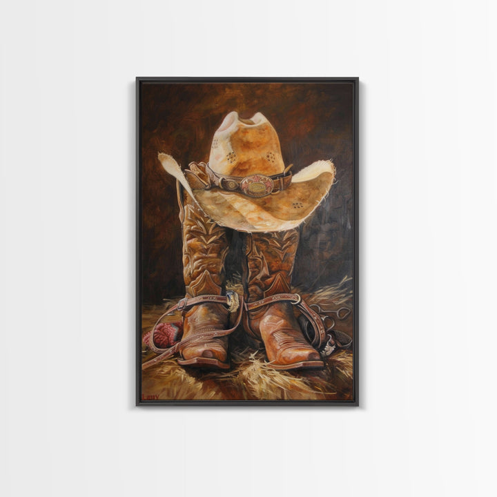 Western Cowboy Boot and Hat Art Print - Framed Canvas Print, Rustic Living Room Decor, Cowboy Wall Art, Western Home Decoration