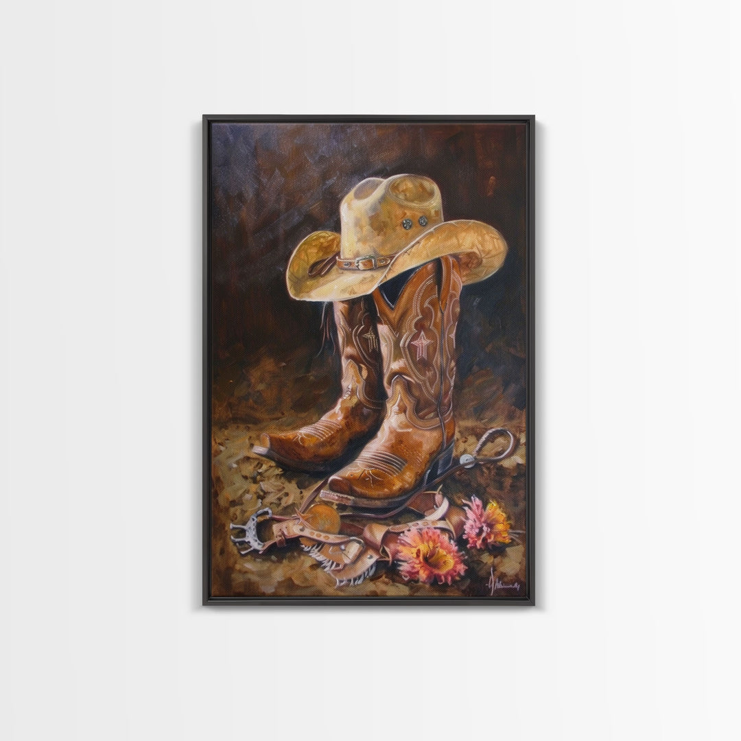 Classic Cowboy Hat and Boots Art - Framed Canvas Print, Rustic Bedroom Decor, Cowboy Themed Wall Art for Home, Western Artwork