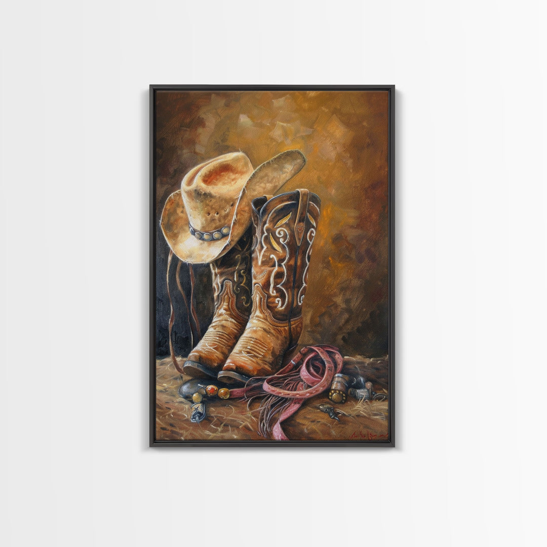 Traditional Cowboy Boots and Hat Art - Framed Canvas Print, Rustic Living Room Decor, Western Wall Art, Cowboy Home Decor