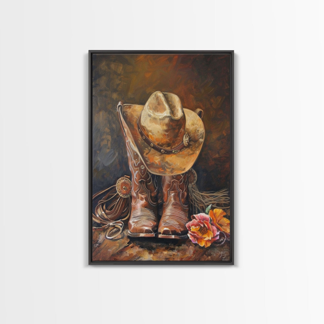 Cowboy Boots and Hat with Flowers Art - Framed Canvas Print, Rustic Wall Decor, Western Bedroom Art, Cowboy Home Decoration