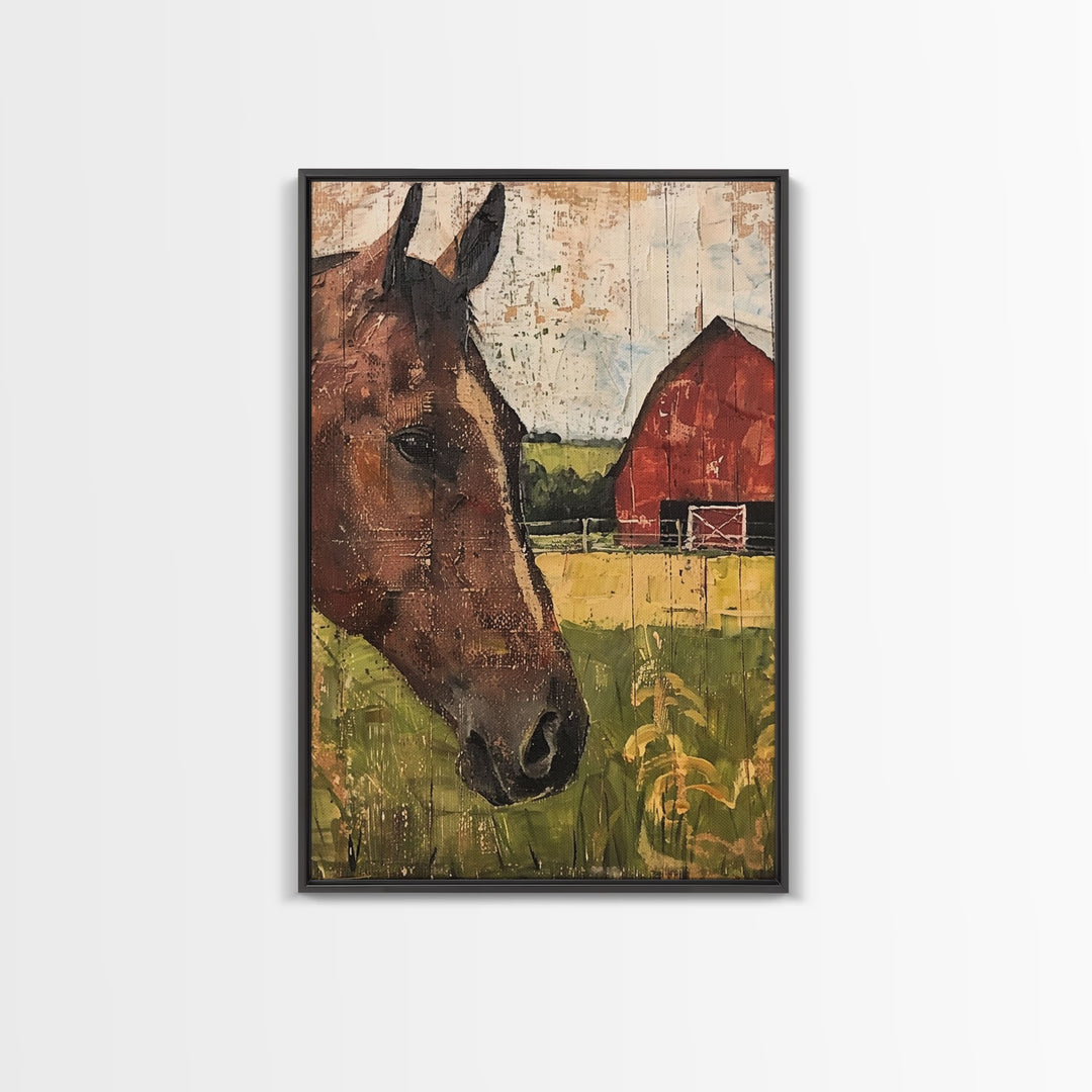 Horse and Barn Rustic Farm Art - Framed Canvas Print, Farmhouse Living Room Decor, Horse Wall Art, Rustic Home Decoration