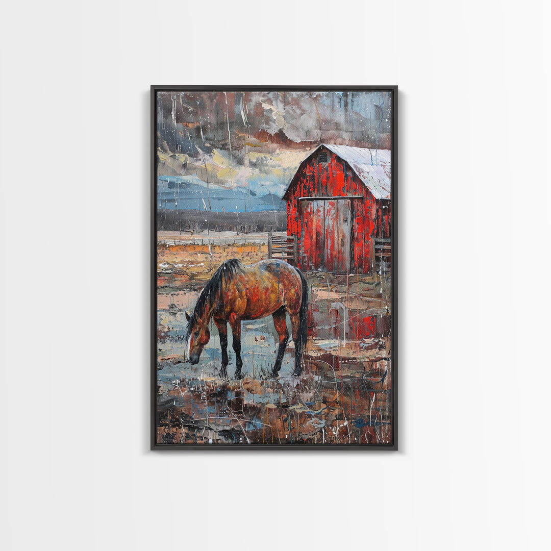 Red Barn and Horse Art Print - Framed Canvas Print, Rustic Living Room Decor, Farmhouse Wall Art, Horse and Barn Home Decoration