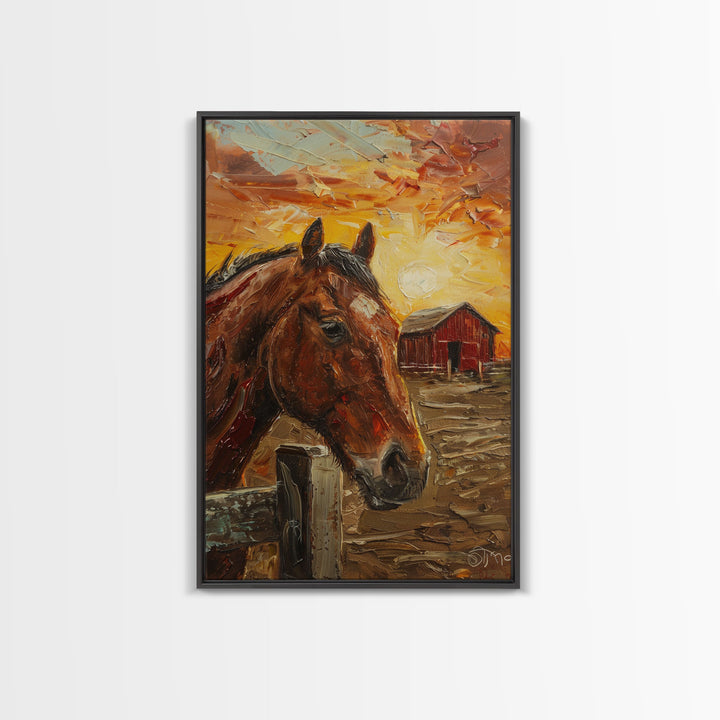 Horse with Red Barn Sunset Art - Framed Canvas Print, Rustic Bedroom Decor, Farmhouse Wall Art, Horse and Barn Home Decoration