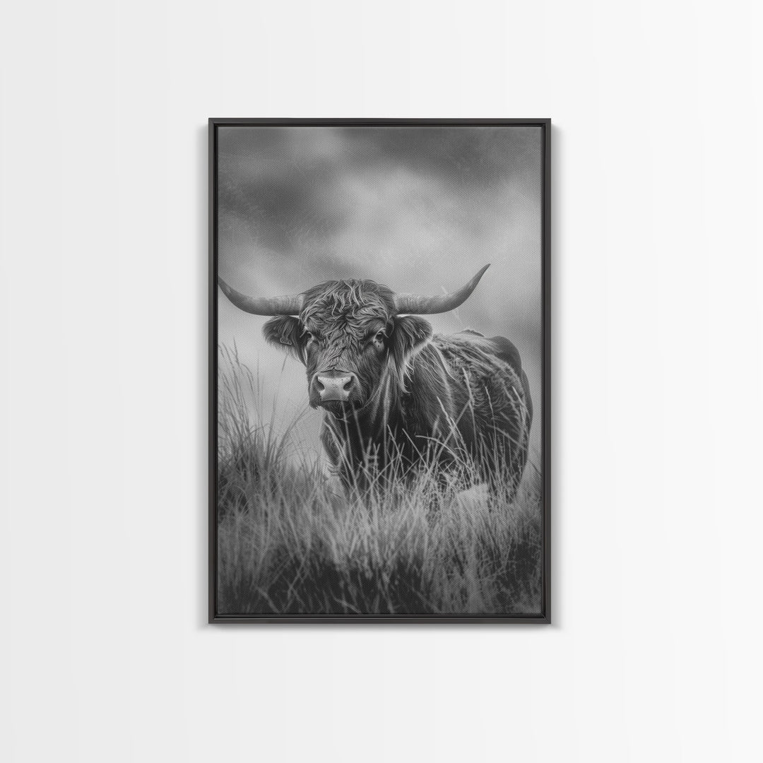 longhorn cow in field, black and white Western decor, rustic home art, Framed Canvas Print, vintage wall art for living room or bedroom