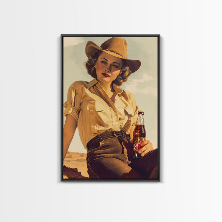 Cowgirl with Beverage Classic Art - Framed Canvas Print, Rustic Bedroom Decor, Cowgirl Wall Art, Vintage Home Decoration