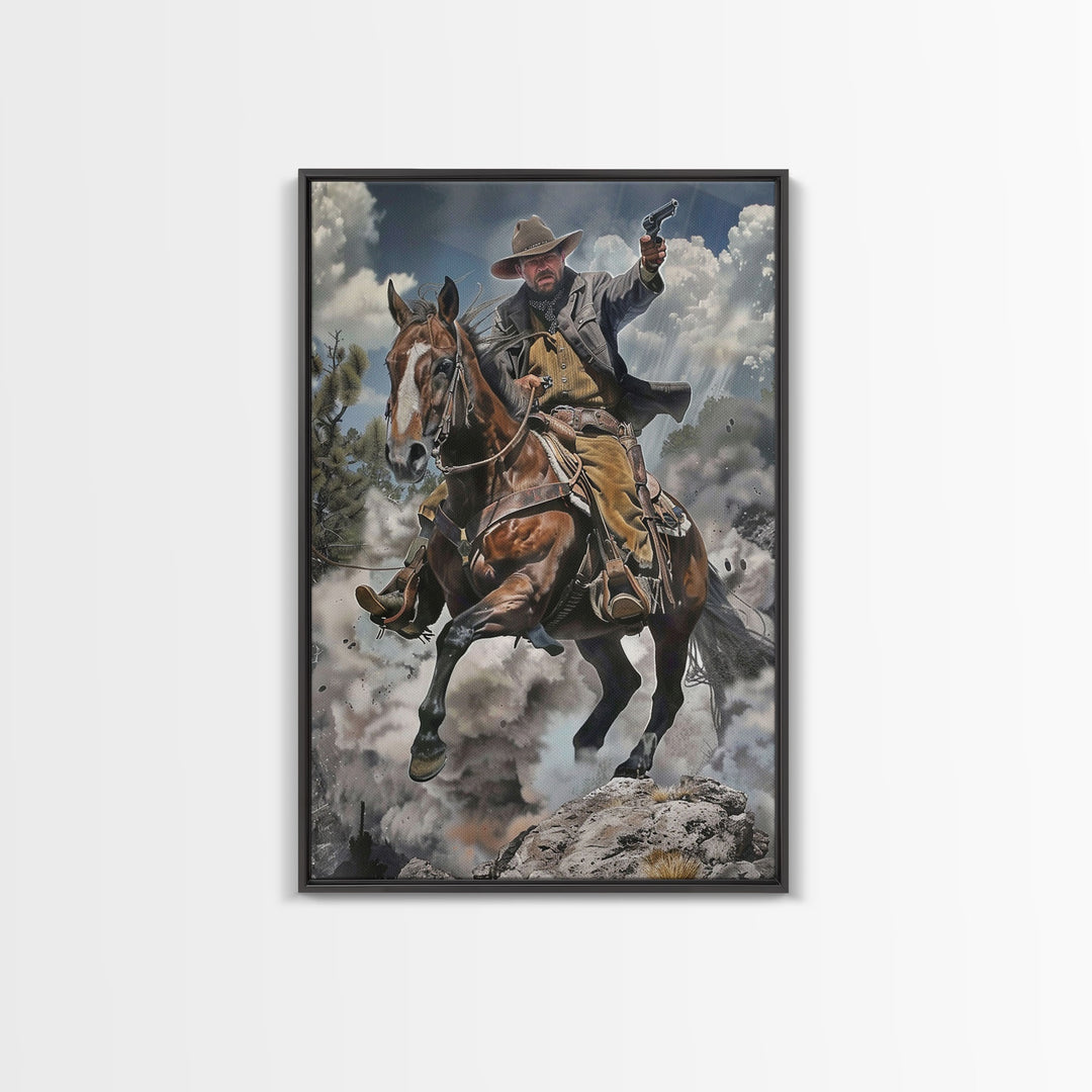 Framed Canvas Print, Cowboy Riding Horse with Gun Wall Art, Western Style Artwork for Living Room or Bedroom Decor, Dynamic Home Art Piece