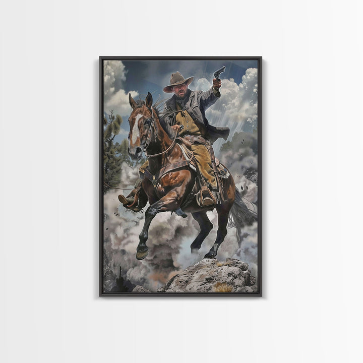 Framed Canvas Print, Cowboy Riding Horse with Gun Wall Art, Western Style Artwork for Living Room or Bedroom Decor, Dynamic Home Art Piece