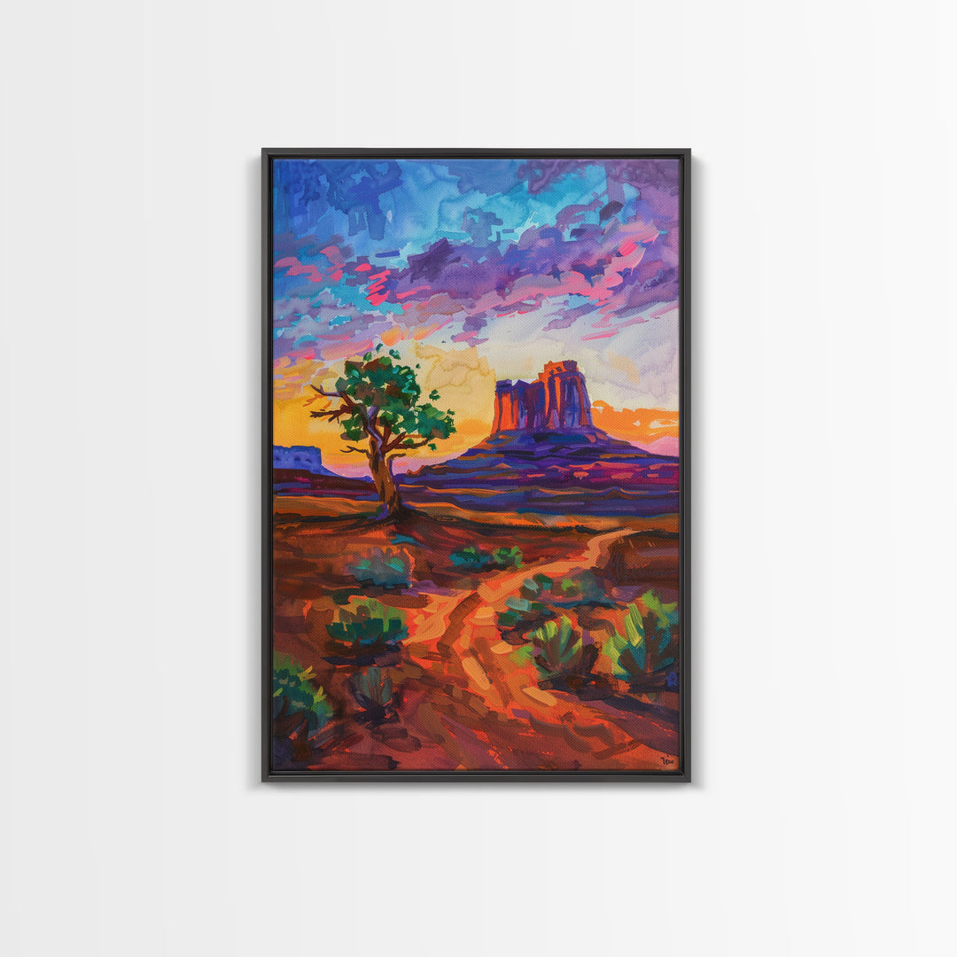 Framed Canvas Print, Sunset Over Monument Valley Wall Art Colorful Desert Scene for Living Room or Bedroom Vibrant Landscape Art Decor Piece