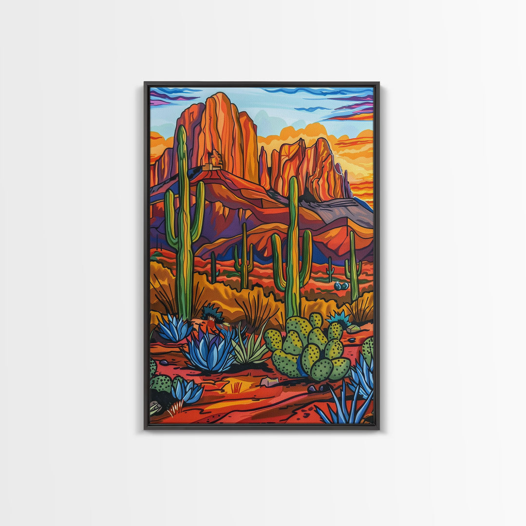 Framed Canvas Print, Cactus and Mountain Sunset Wall Art, Colorful Desert Landscape for Living Room or Bedroom Decor, Southwest Art Poster