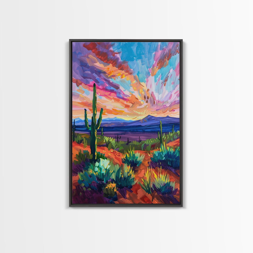 Framed Canvas Print, Cacti and Mountains at Sunset Wall Art, Vibrant Southwest Decor for Living Room or Bedroom, Nature Art Decoration Piece