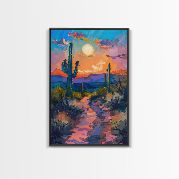 Framed Canvas Print, Colorful Desert Sunset with Cacti Wall Art, Southwest Landscape for Living Room or Bedroom, Vibrant Wall Art Piece