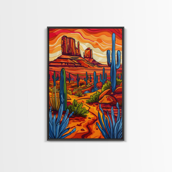 Framed Canvas Print, Vibrant Desert Scene with Cacti and Mesas, Perfect Southwest Wall Art for Living Room or Bedroom Decor