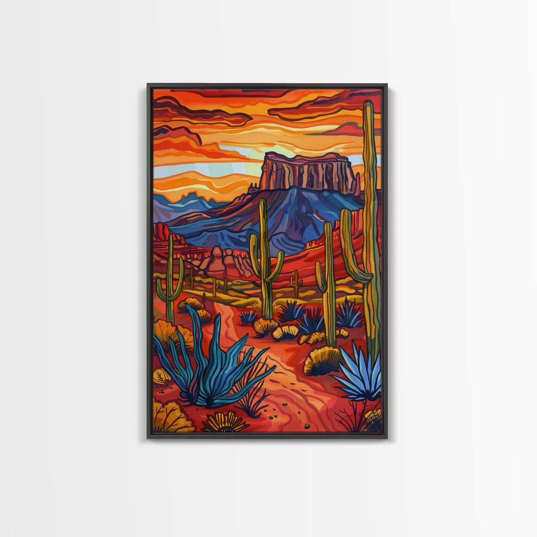 Framed Canvas Print, Bold Desert Landscape with Saguaro Cacti and Mountains, Unique Wall Art for Living Room or Bedroom