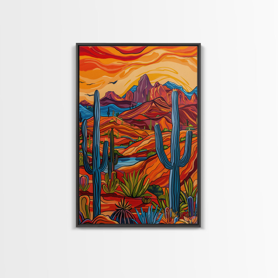 Framed Canvas Print, Bright Desert Landscape with Cacti and Mountains, Perfect Wall Art for Living Room or Bedroom