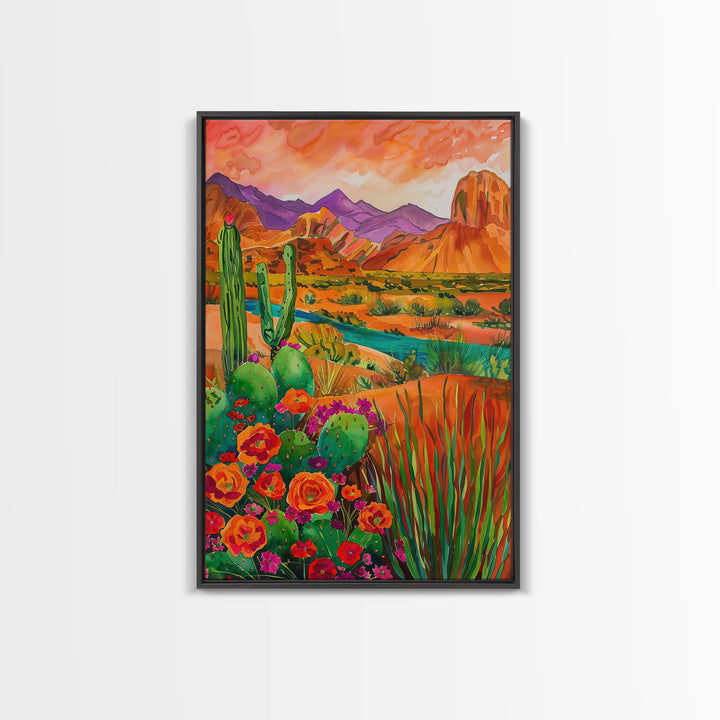 Framed Canvas Print, Colorful Desert Landscape with Blooming Cacti, Beautiful Wall Art for Living Room or Bedroom Decor