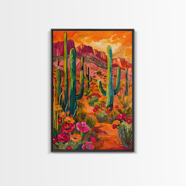 Framed Canvas Print, Vibrant Desert Scene with Saguaro Cacti and Flowers, Unique Wall Art for Living Room or Bedroom