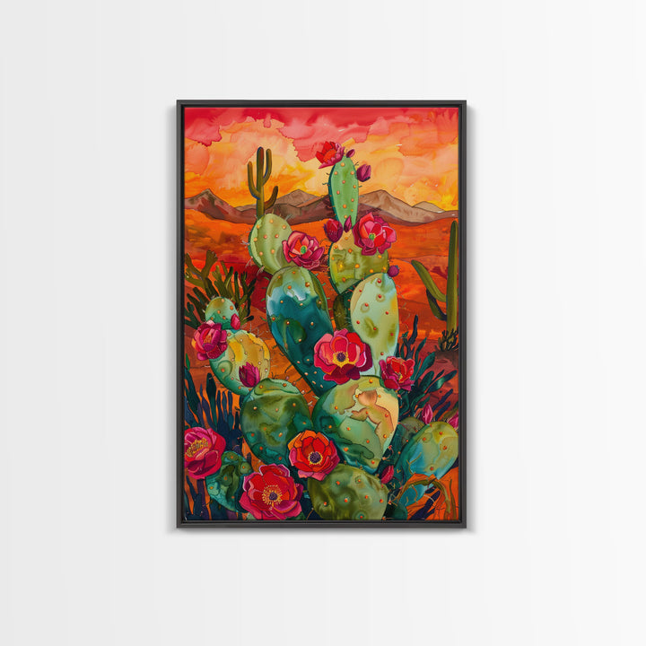 Framed Canvas Print, Blooming Cacti in Desert Sunset, Stunning Wall Art for Living Room or Bedroom Decor