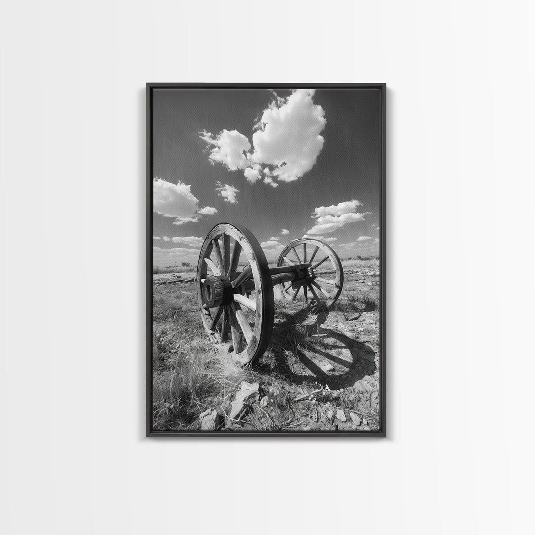 Abandoned wagon wheel on prairie, black and white Western art, Framed Canvas Print, rustic home decor, vintage wall art living room bedroom