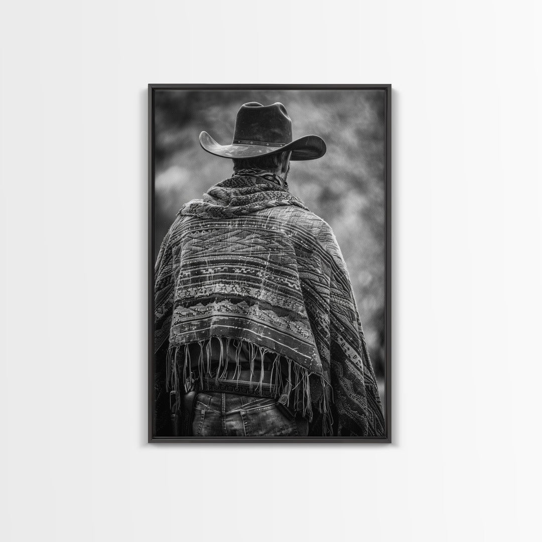 Cowboy in poncho and hat, black and white Western decor, Framed Canvas Print, rustic home art, vintage wall art for living room or bedroom