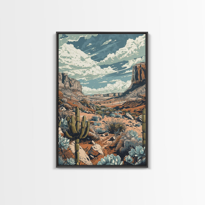 Vintage Western Desert Landscape Art Print, Retro Cactus Framed Canvas, Scenic Southwest Artwork, Unique Desert Wall Decor