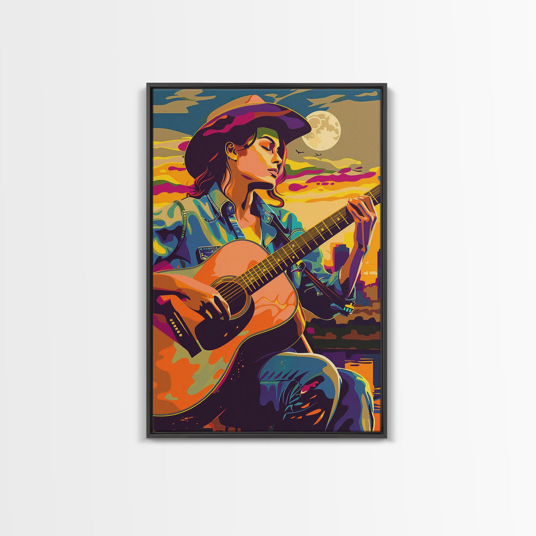 Country Cowboy playing guitar under a colorful sunset, pop art style Framed Canvas Print - music decor, country music art, vibrant wall art