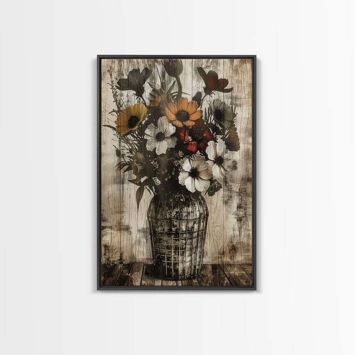 Rustic vase with colorful flowers against a distressed wooden background Framed Canvas Print - floral art, farmhouse decor, rustic wall art