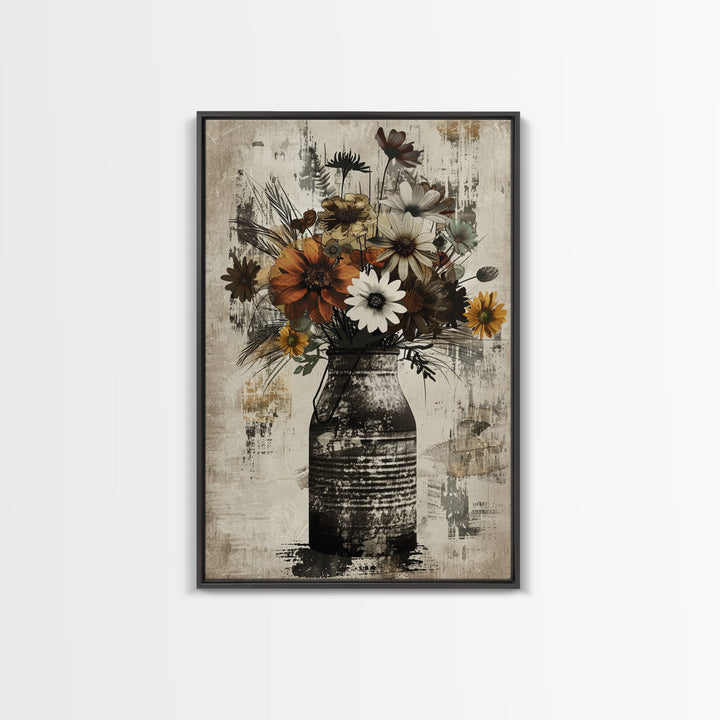 Rustic metal vase filled with autumn flowers on rustic background Framed Canvas Print farmhouse floral rustic decor, vintage flower print