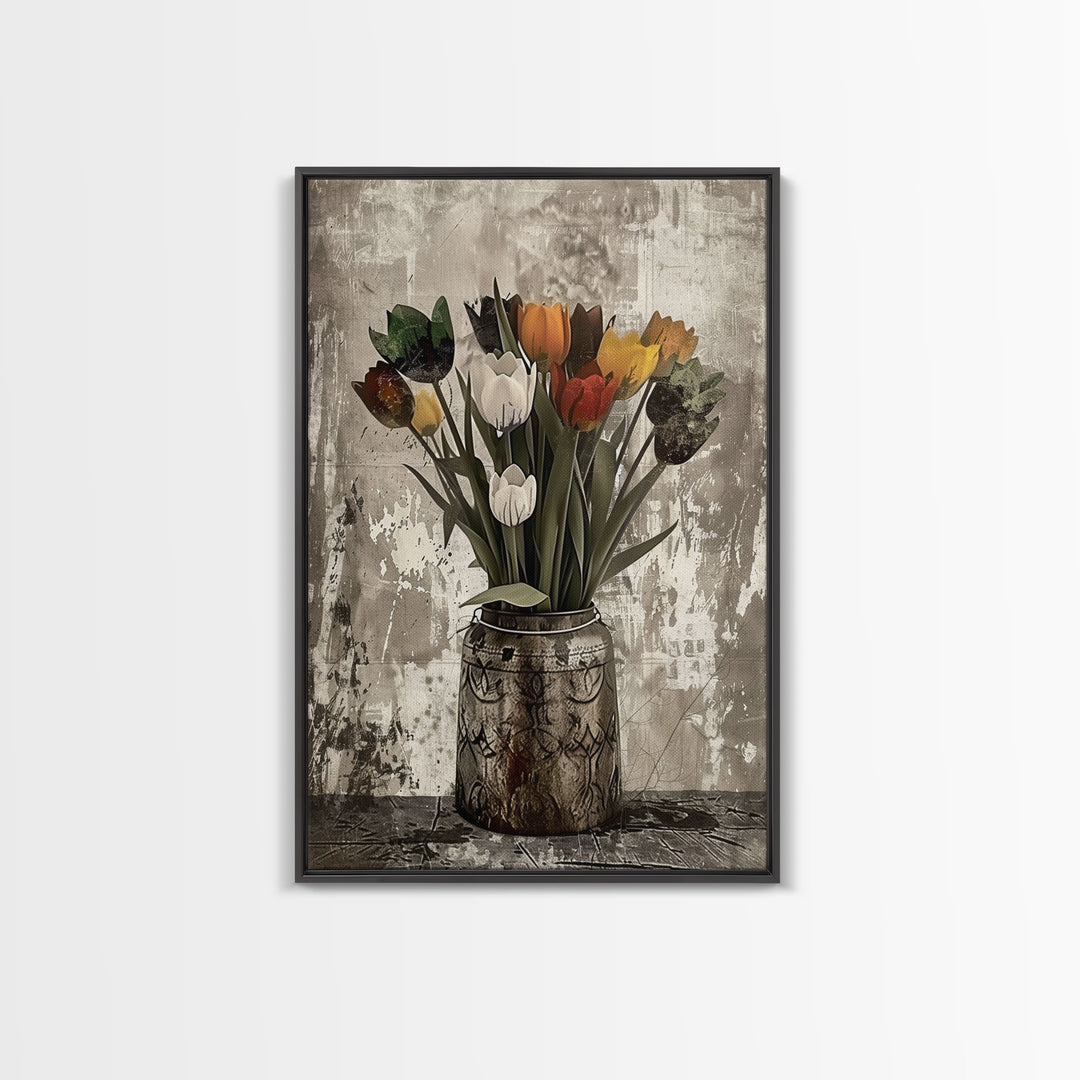 Rustic vase filled with tulips against a distressed background Framed Canvas Print - floral decor, farmhouse wall art, rustic flower print