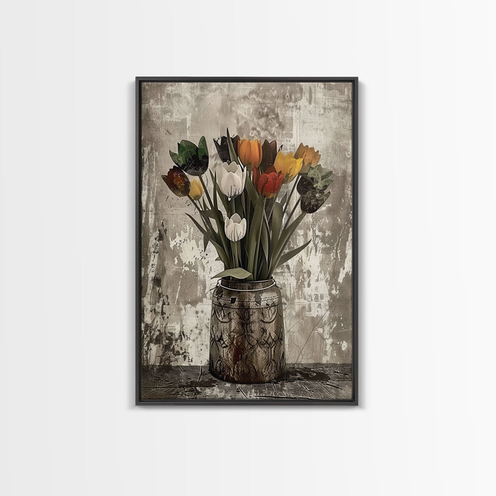 Rustic vase filled with tulips against a distressed background Framed Canvas Print - floral decor, farmhouse wall art, rustic flower print