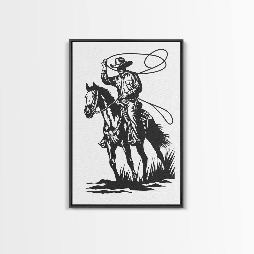 Cowboy Roping Horse Art Print, Western Silhouette Framed Canvas, Vintage Rodeo Cowboy Artwork, Rustic Western Home Decor