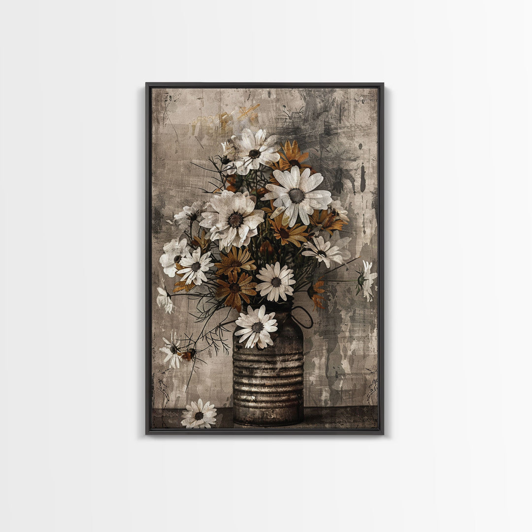 Rustic metal vase with daisies against a distressed background Framed Canvas Print - floral art, farmhouse decor, rustic wall art