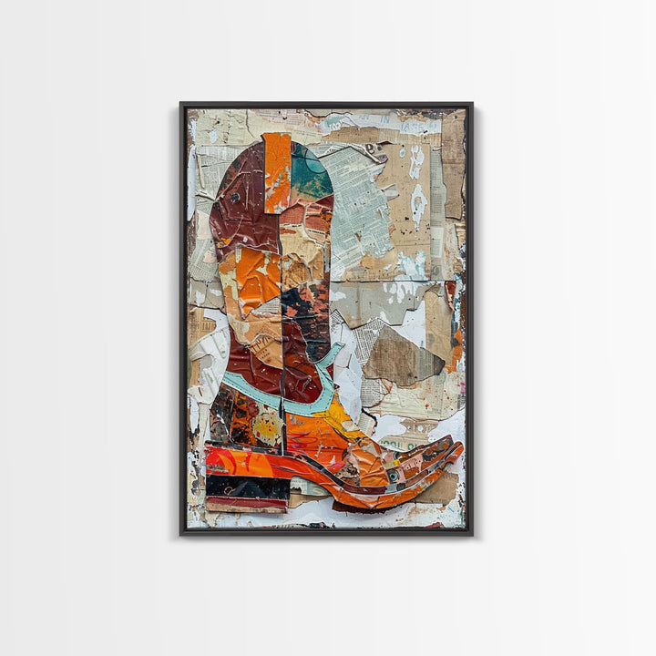 Colorful Western Boot Collage Artwork on Textured Background - Framed Canvas Print, Cowboy Boot Wall Art, Western Home Decor