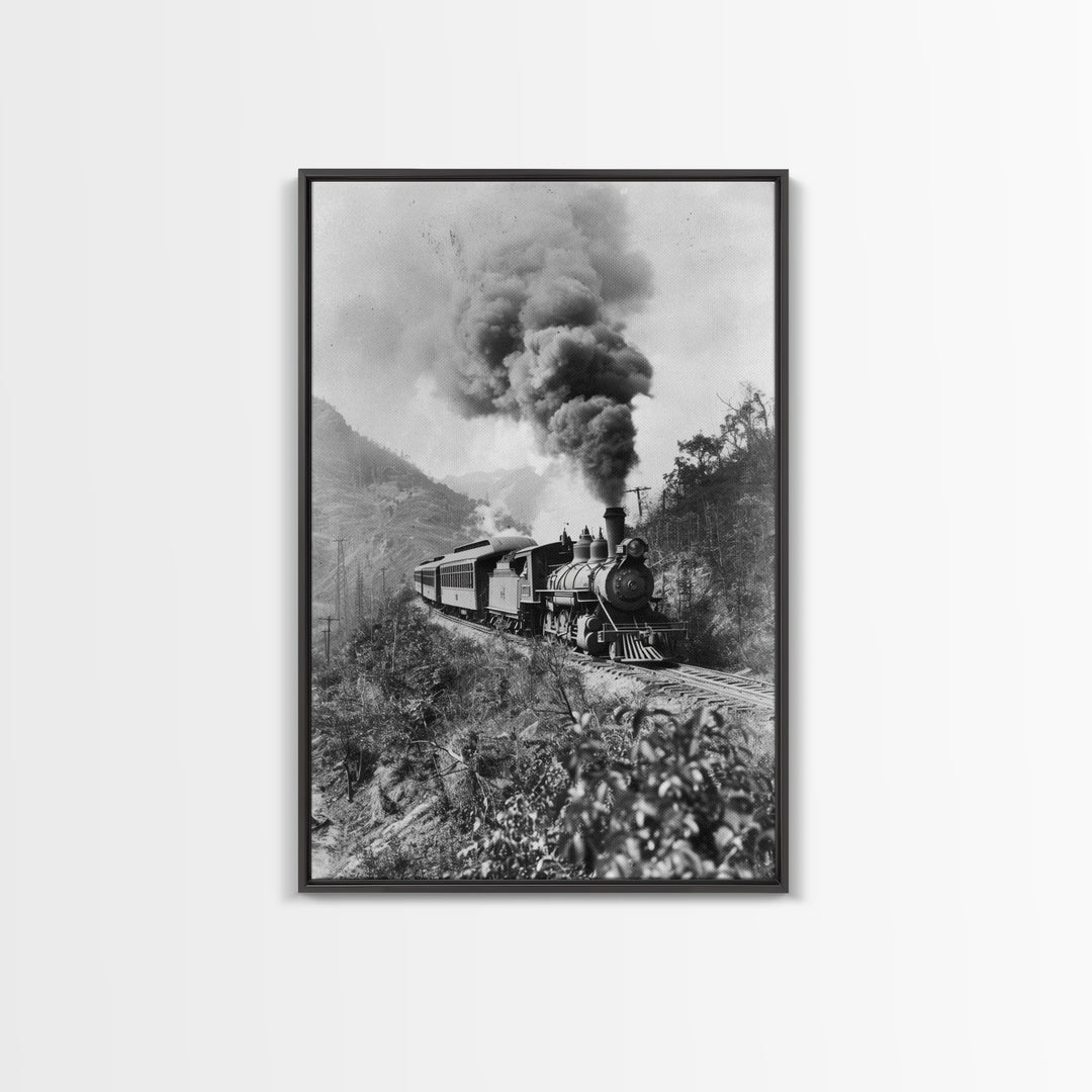 Vintage Train in Motion Black and White Photography - Framed Canvas Print, Railroad Art, Rustic Train Wall Art for Home Decor